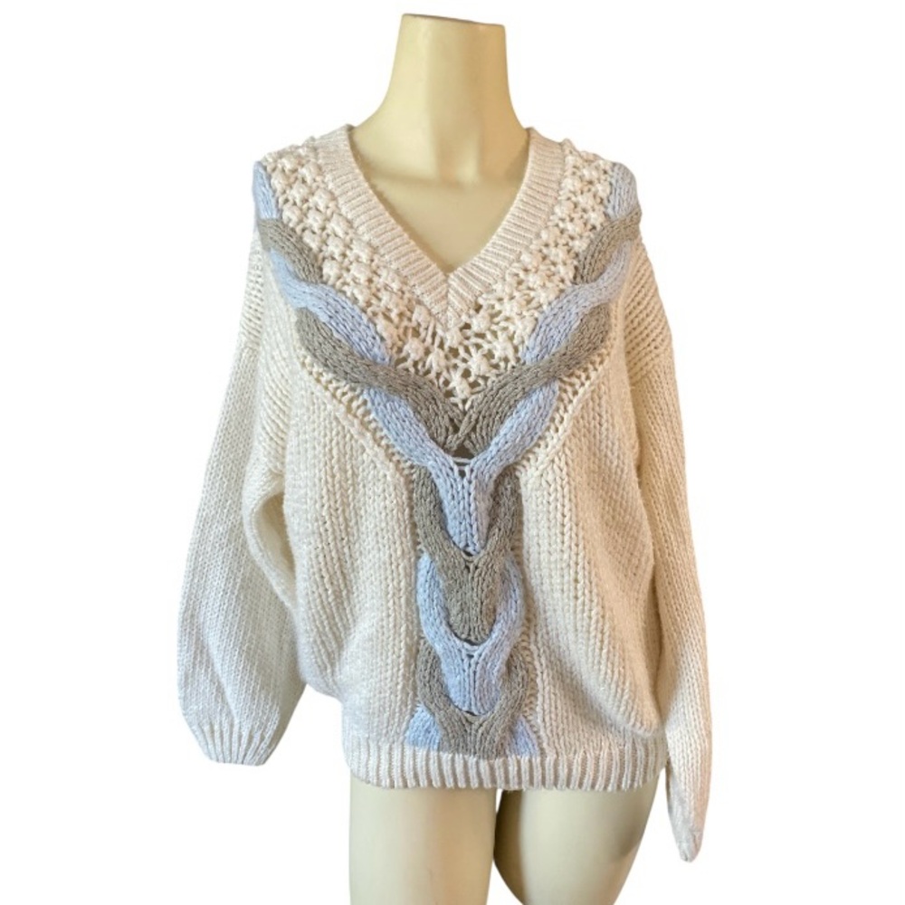 Vintage Bramble Lane Pastel Knitted by Hand Cream Ramie Vs Acrylic Sweater L